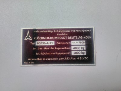 Deutz anhängerkupplung typenschild 60/36-4-11 52 x 27 mm Deutz anhängerkupplung typenschild 60/36-4-11 52 x 27 mm