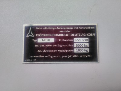 Deutz anhängerkupplung typenschild AK50 52 x 27 mm Deutz anhängerkupplung typenschild AK50 52 x 27 mm